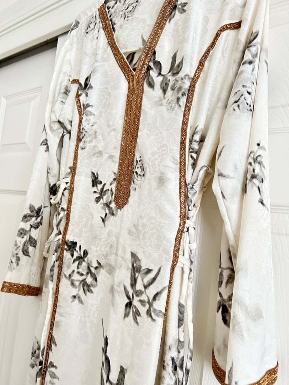 Elegant White Floral Maxi Dress with Gold Trim
